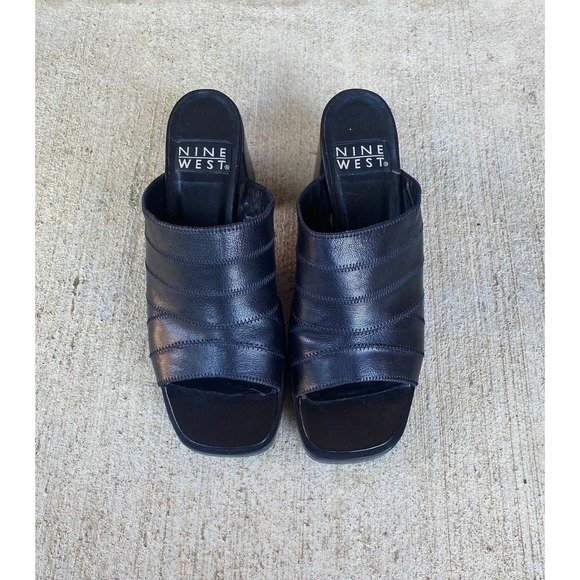 size 6.5 vintage y2k BLACK STITCHED Peep Toe PLATFORMS chunky leather square toe - Picture 2 of 10